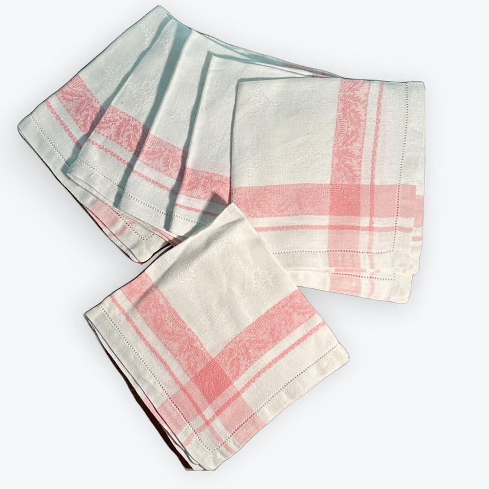 Vintage Cottage Chic Pristine Pink & White Striped Damask Cloth Napkins ~ 6 pc.